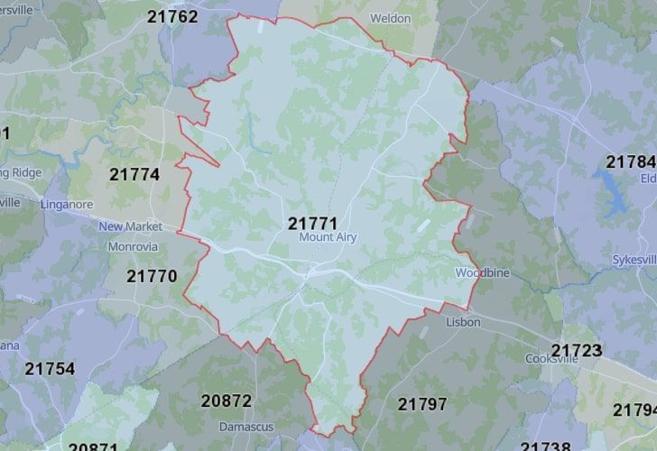 Mount Airy, Carroll County, MD, Map Featuring 21771 Area Code.