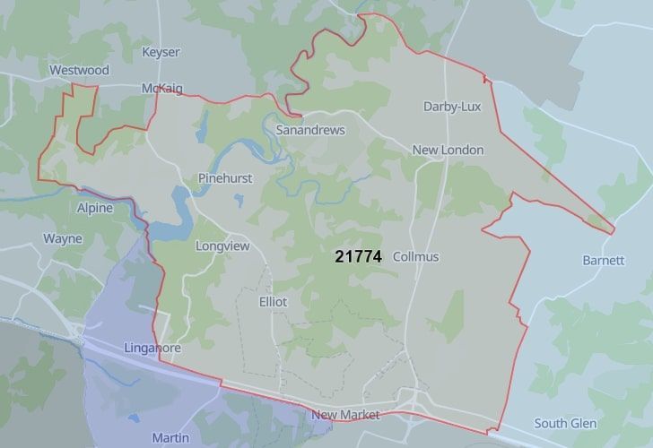 A Map Of New Market In Frederick County, MD, Showing The Zip Code 21774.