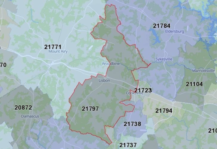 Woodbine, Carroll County, MD, Map Featuring 21797 Area Code.