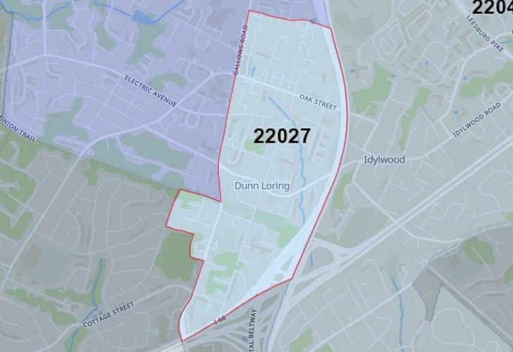 A Map Of Merrifield In Northern Virginia, Showing The Zip Code 22027.