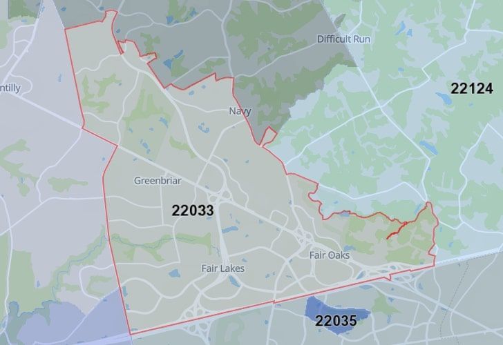A Map Of Chantilly In Northern Virginia, Showing The Zip Code 22033.