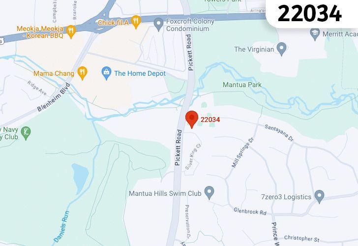 A Map Of Fairfax In Northern Virginia, Showing The Zip Code 22034.