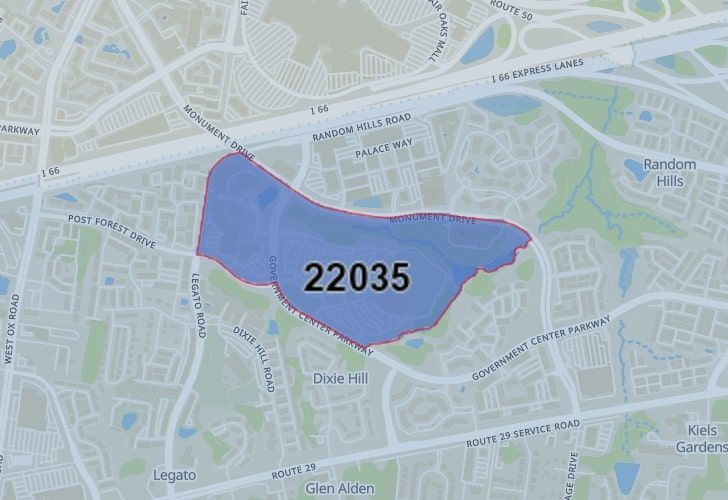 A Map Of Fairfax In Northern Virginia, Showing The Zip Code 22035.