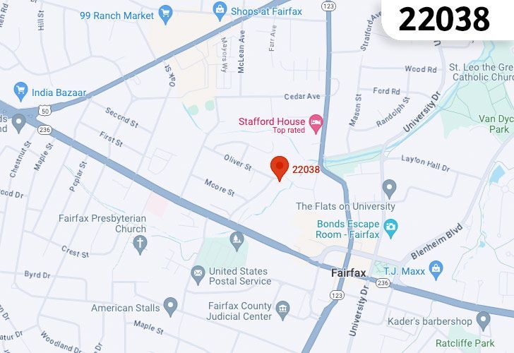 A Map Of Fairfax In Northern Virginia, Showing The Zip Code 22038.
