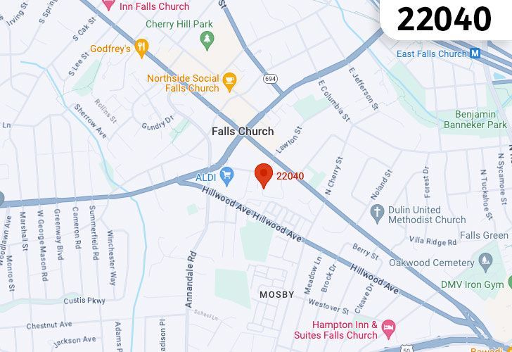 A Map Of Falls Church In Northern Virginia, Showing The Zip Code 22040.
