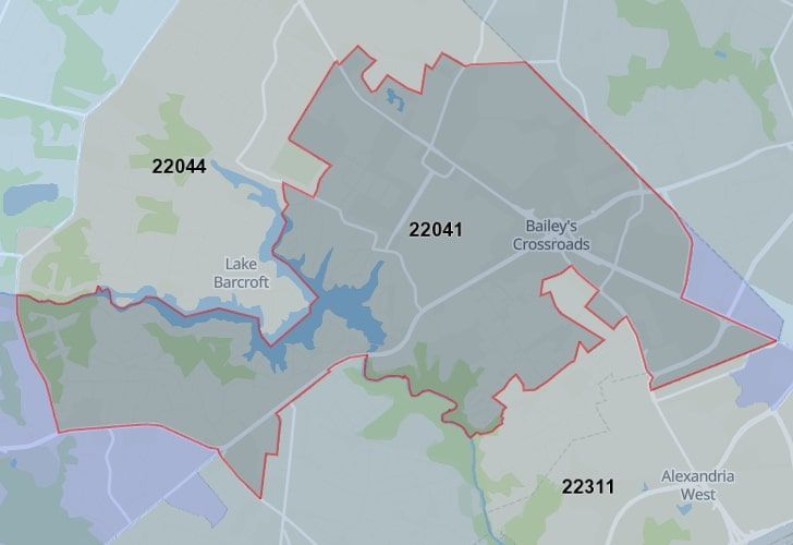 A Map Of Lake Barcroft In Northern Virginia, Showing The Zip Code 22041.