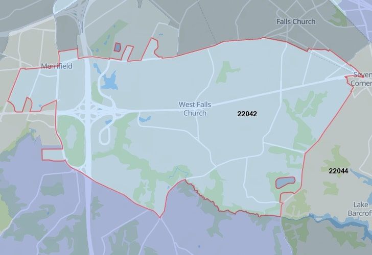 A Map Of Falls Church In Northern Virginia, Showing The Zip Code 22042.