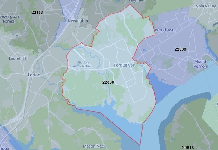 A Map Of Fort Belvoir In Northern Virginia, Showing The Zip Code 22060.