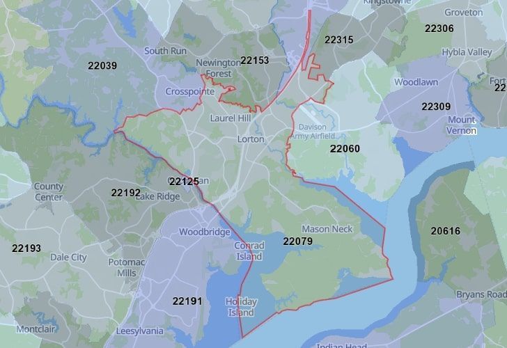 A Map Of Lorton In Northern Virginia, Showing The Zip Code 22079.