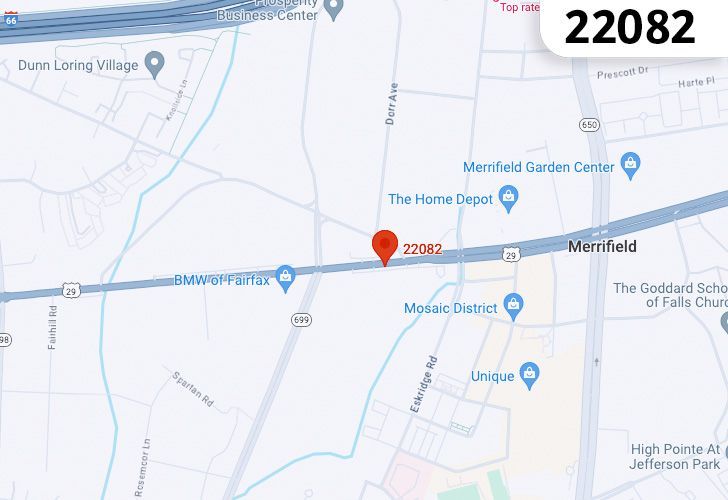 A Map Of Merrifield In Northern Virginia, Showing The Zip Code 22082.