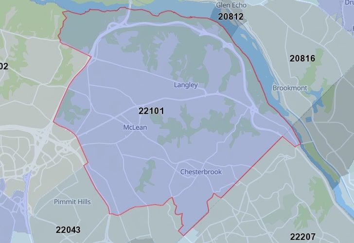 A Map Of McLean In Northern Virginia, Showing The Zip Code 22101.