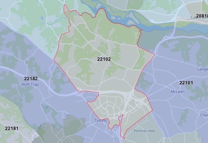 A Map Of McLean In Northern Virginia, Showing The Zip Code 22102.