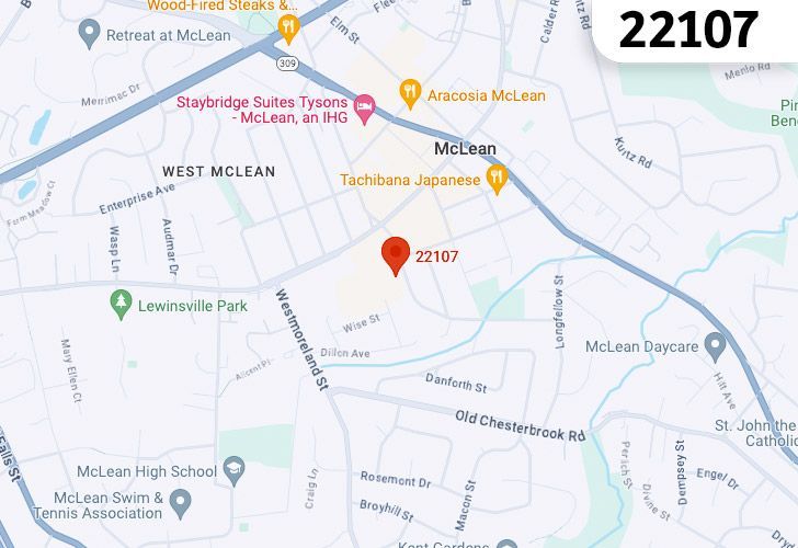 A Map Of McLean In Northern Virginia, Showing The Zip Code 22107.