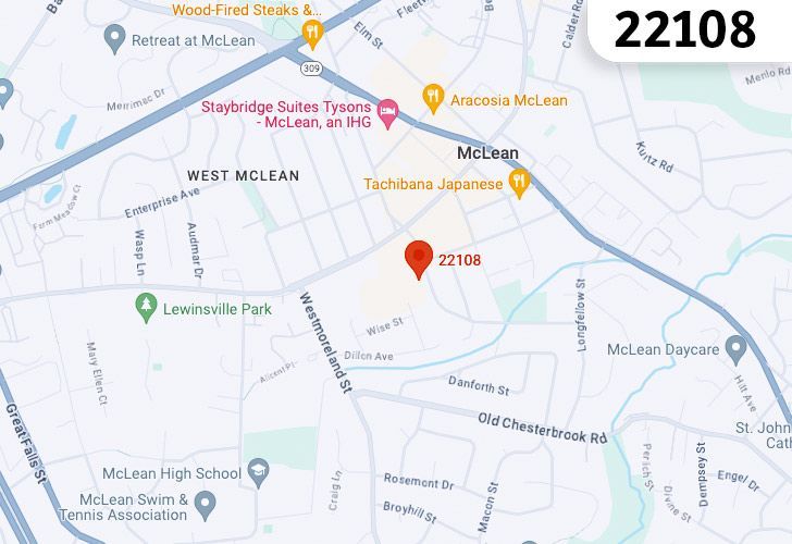 A Map Of McLean In Northern Virginia, Showing The Zip Code 22108.