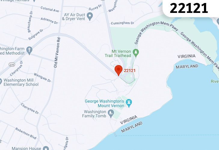 A Map Of Mount Vernon In Northern Virginia, Showing The Zip Code 22121.