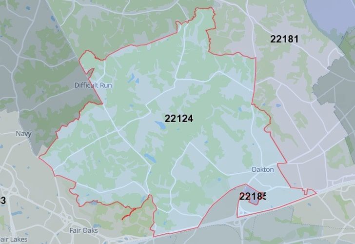 A Map Of Oakton In Northern Virginia, Showing The Zip Code 22124.