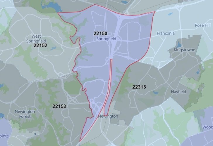 A Map Of Springfield In Northern Virginia, Showing The Zip Code 22150.
