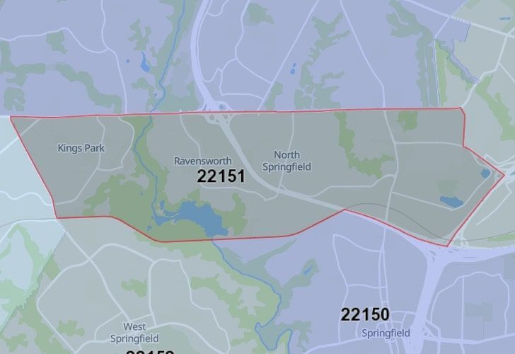 A Map Of Springfield In Northern Virginia, Showing The Zip Code 22151.