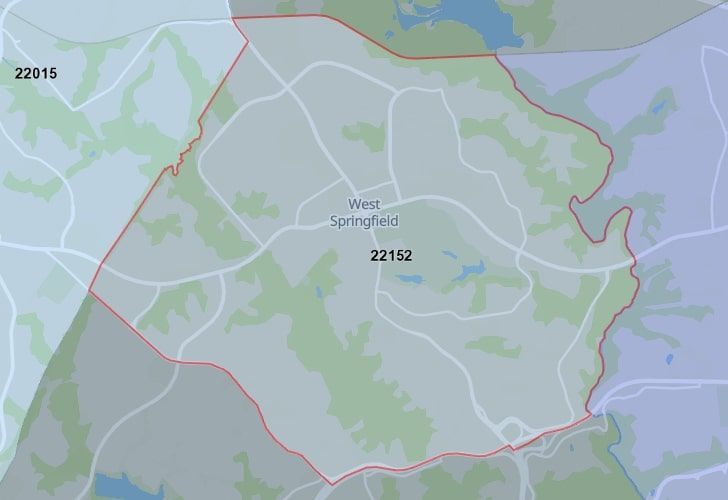 A Map Of West Springfield In Northern Virginia, Showing The Zip Code 22152.