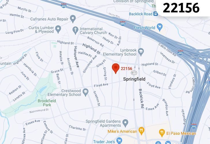 A Map Of Springfield In Northern Virginia, Showing The Zip Code 22156.