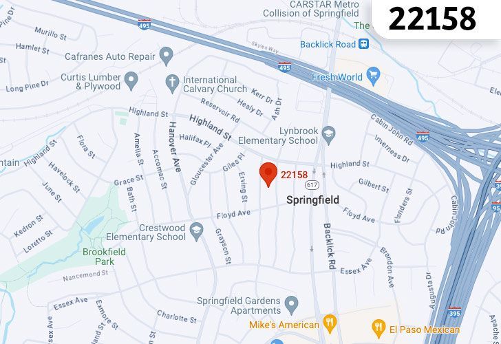 A Map Of Springfield In Northern Virginia, Showing The Zip Code 22158.