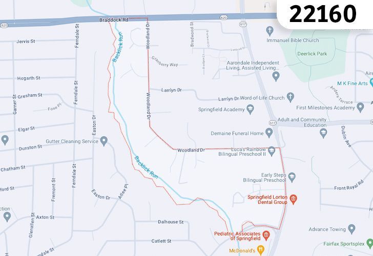 A Map Of Springfield In Northern Virginia, Showing The Zip Code 22160.