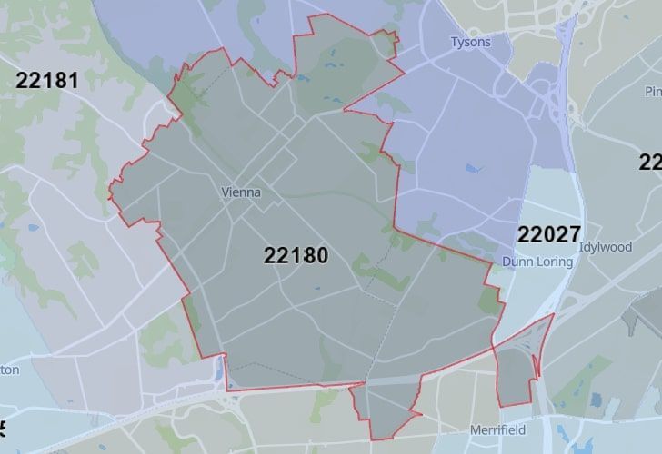 A Map Of Oakton In Northern Virginia, Showing The Zip Code 22180.
