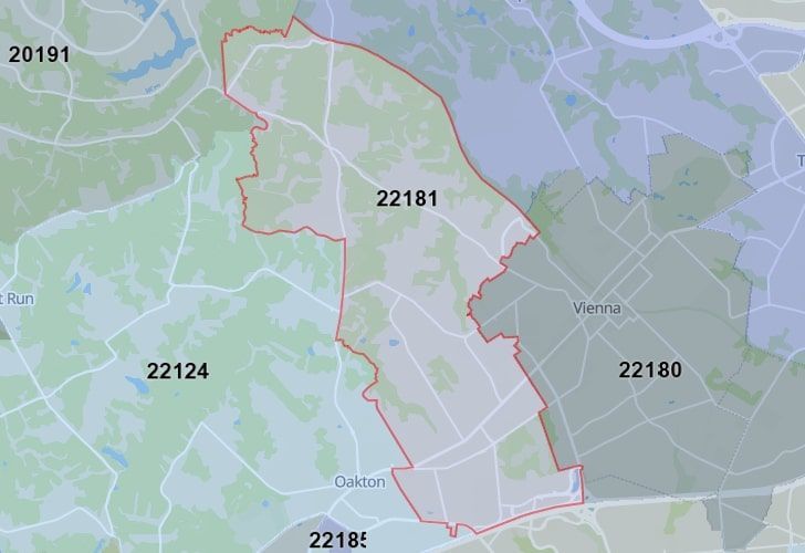 A Map Of Reston In Northern Virginia, Showing The Zip Code 22181.