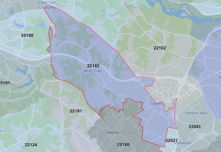 A Map Of Reston In Northern Virginia, Showing The Zip Code 22182.