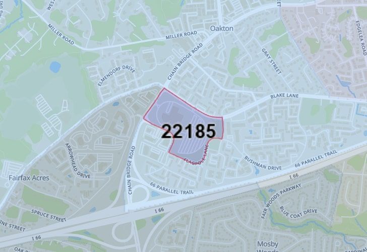 A Map Of Oakton In Northern Virginia, Showing The Zip Code 22185.