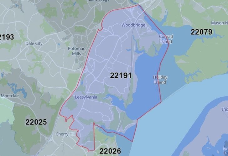 A Map Of Woodbridge In Northern Virginia, Showing The Zip Code 22191.