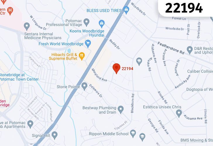 A Map Of Woodbridge In Northern Virginia, Showing The Zip Code 22194.
