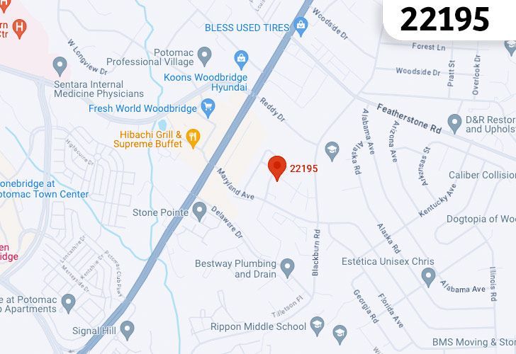 A Map Of Woodbridge In Northern Virginia, Showing The Zip Code 22195.