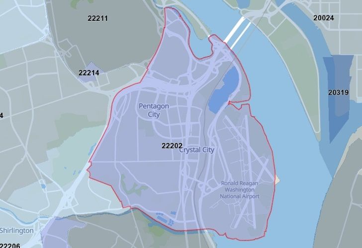 A Map Of Aurora Hills In Northern Virginia, Showing The Zip Code 22202.