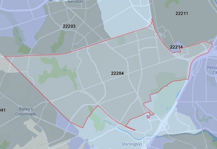 A Map Of Barcroft In Northern Virginia, Showing The Zip Code 22204.
