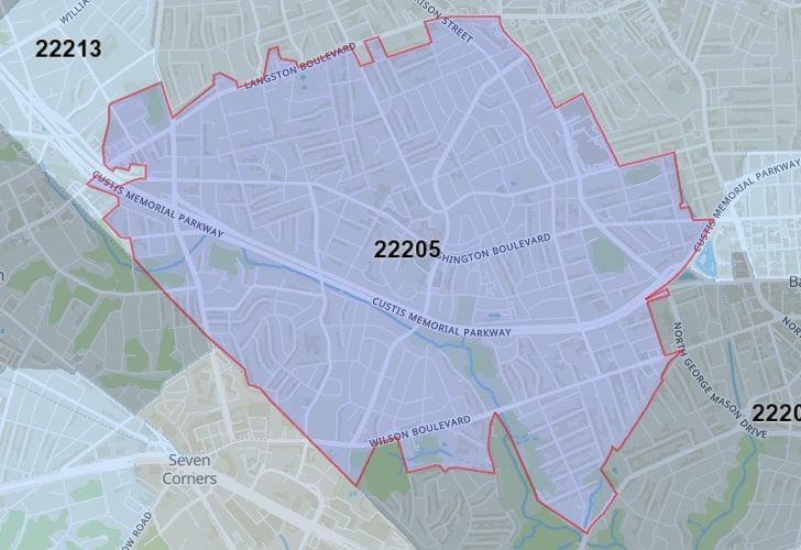 A Map Of Boulevard Manor In Northern Virginia, Showing The Zip Code 22205.