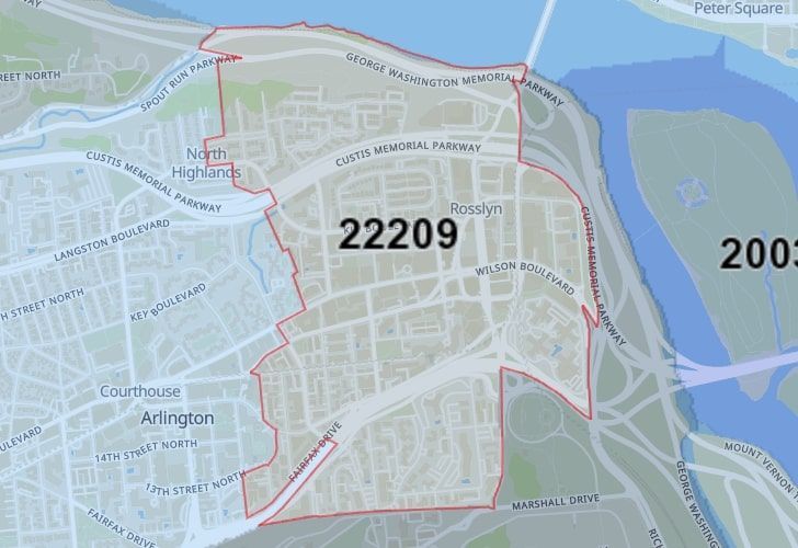 A Map Of Rosslyn In Northern Virginia, Showing The Zip Code 22209.