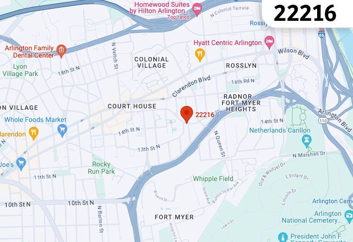 A Map Of Rosslyn In Northern Virginia, Showing The Zip Code 22216.