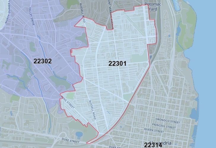 A Map Of Alexandria In Northern Virginia, Showing The Zip Code 22301.