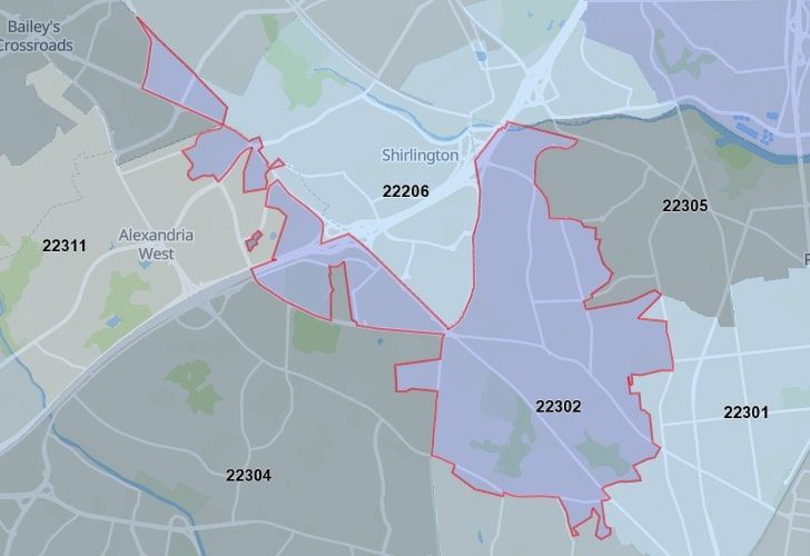 A Map Of Alexandria In Northern Virginia, Showing The Zip Code 22302.