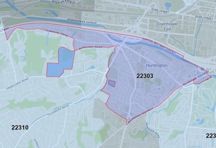 A Map Of Alexandria In Northern Virginia, Showing The Zip Code 22303.