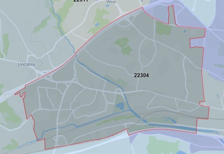 A Map Of Alexandria In Northern Virginia, Showing The Zip Code 22304.