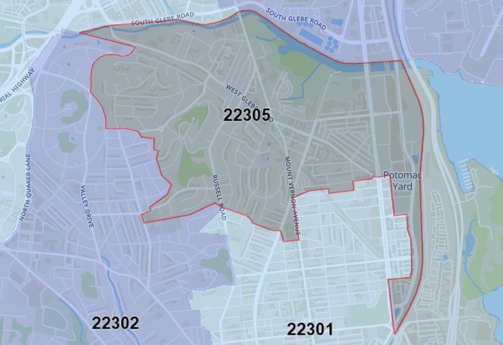 A Map Of Alexandria In Northern Virginia, Showing The Zip Code 22305.