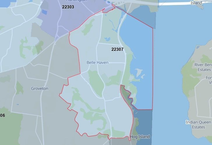 A Map Of Belle Haven In Northern Virginia, Showing The Zip Code 22307.