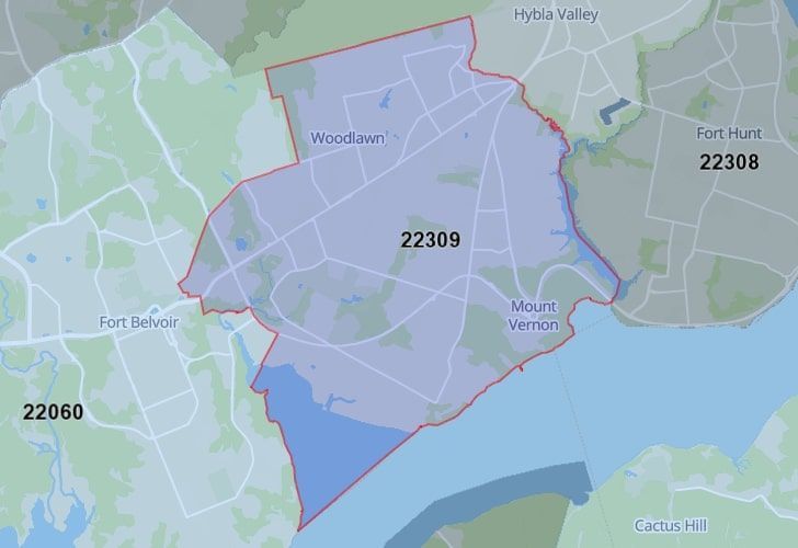 A Map Of Fort Belvoir In Northern Virginia, Showing The Zip Code 22309.