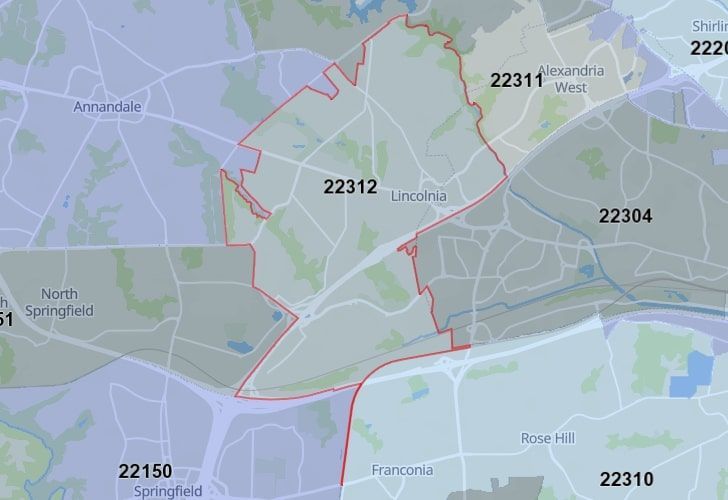 A Map Of Alexandria In Northern Virginia, Showing The Zip Code 22312.