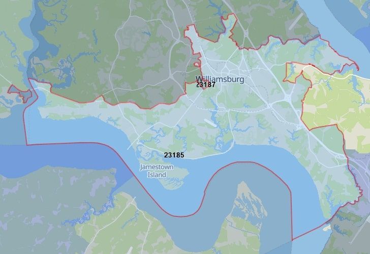 A Map Of Williamsburg In Northern Virginia, Showing The Zip Code 23185.