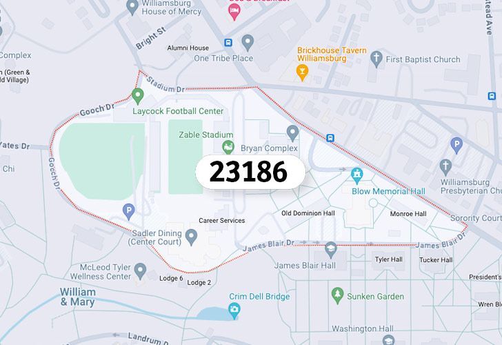 A Map Of Williamsburg In Northern Virginia, Showing The Zip Code 23186.