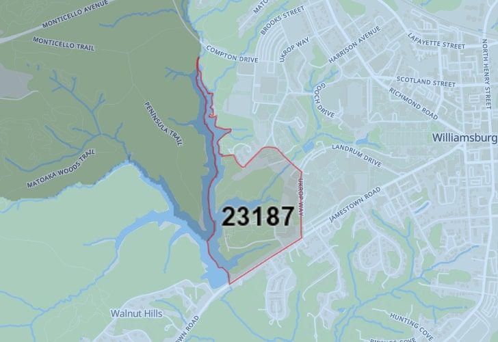 A Map Of Williamsburg In Northern Virginia, Showing The Zip Code 23187.