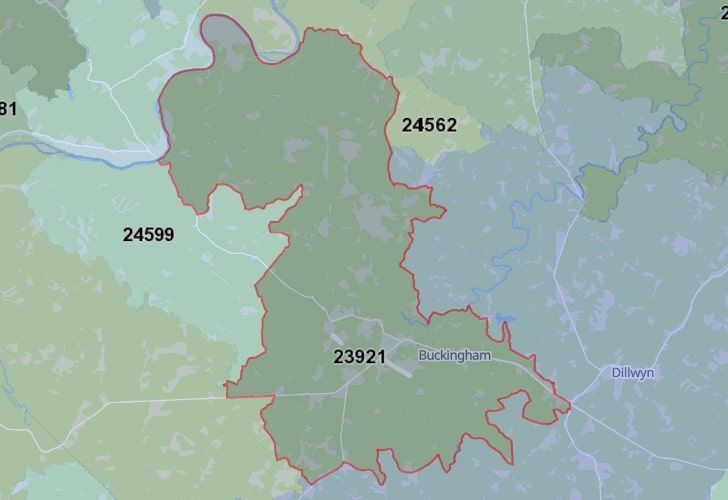A Map Of Buckingham In Northern Virginia, Showing The Zip Code 23921.